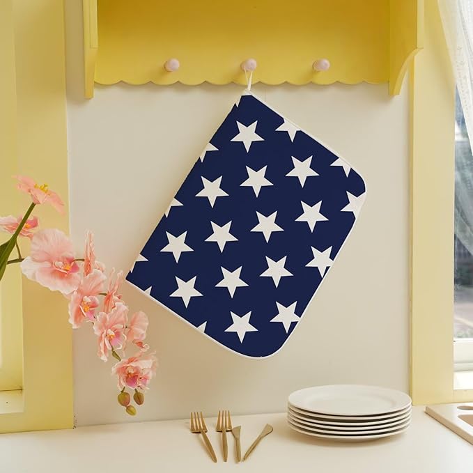 4th of July Dish Drying Mat 18 x 24 inch Independence Day Blue Stars Decorative Drying Mats Microfiber Absorbent Holiday Patriotic Dish Washable Draining Mat for Kitchen Counter Decor