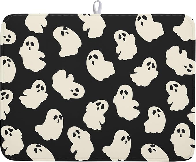 Halloween Ghosts Dish Drying Mat for Kitchen Counter Halloween Cute Ghost Drying Dish Mat 18”x24” Absorbent Microfiber Reversible Kithchen Mats for Countertop Fast Dry Dish Draining Mats for Halloween
