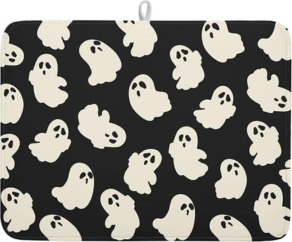 Halloween Ghosts Dish Drying Mat for Kitchen Counter Halloween Cute Ghost Drying Dish Mat 18”x24” Absorbent Microfiber Reversible Kithchen Mats for Countertop Fast Dry Dish Draining Mats for Halloween