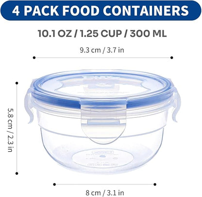 KIGI Small Plastic Bowls with Lid, Leak Proof Round Food Storage Container Set for Meal Prep, Lunch & Soup, 4 Sided Locking Lid, Airtight, BPA-Free Plastic, 10 oz / 1.25 Cup, 8 Piece set