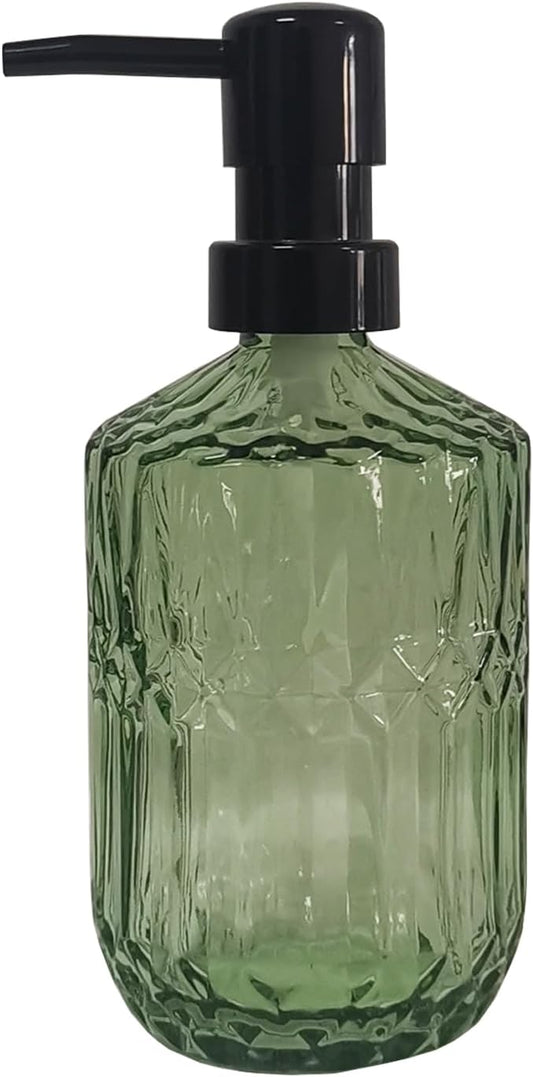Green Glass Soap Dispenser with Black Pump, 15oz Liquid Hand Dispenser, Refillable Lotion Dish Soap Dispenser for Modern Home Decor, Bathroom, Kitchen Countertop, Hotel