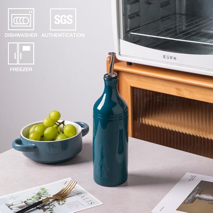 Sweejar Large Ceramic Olive Oil Dispenser Bottle, Opaque Oil Cruet Protects to Reduce Oxidation, Suitable for Storage Vinegar, Soy Sauce & Other Liquids, Pack of 1, 24 Fl Oz(Teal Green) - Image 2