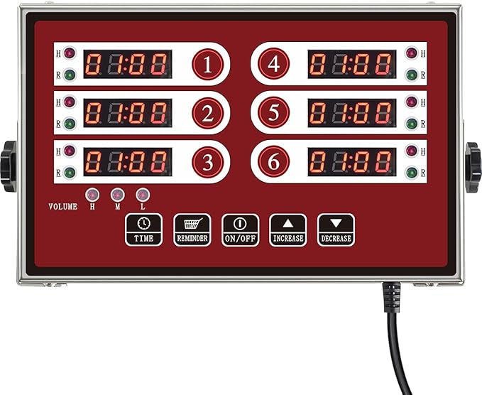 Kitchen Timers for Cooking – 6 Channel Commercial Kitchen Timer Restaurant Kitchen Supplies – Stainless Steel LED Technology Kitchen Timer Digital – Reminder Function, Loud Alarm, Red by YOOYIST