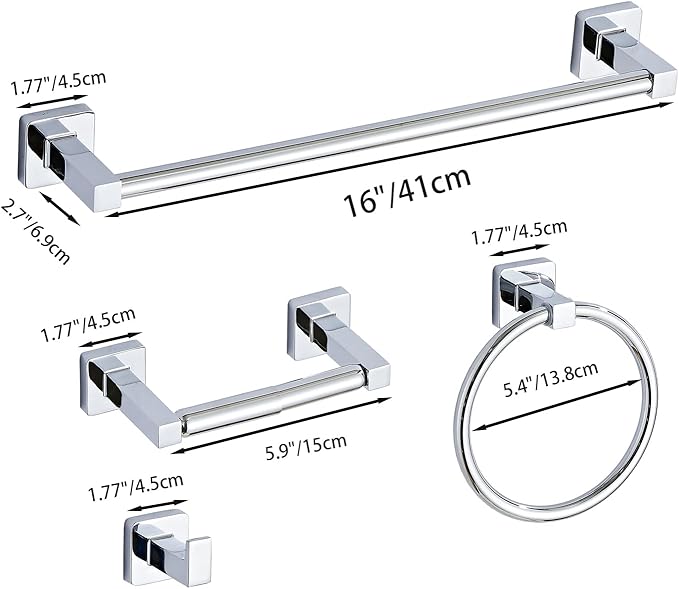 Chrome Bathroom Hardware Set 4 Pieces,Towel Bar Set Stainless Steel Wall Mounted, Includes 16In Hand Towel Bar, Towel Ring, Robe Towel Hooks,Toilet Paper Holder, Bathroom Towel Rack Set - Image 6