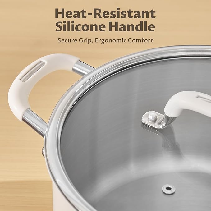 6 Quart Nonstick Stock Pot with Lid, BEZIA Fully-Clad 3-Ply Stainless Steel Pots, Induction Soup Pot with Lid, Kitchen Cooking Pots with Silicone Handle, for All Cooktops, Free of PTFE/PFOA/PFOS