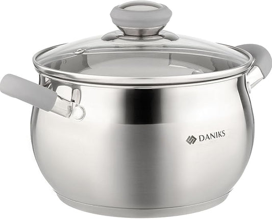 Daniks Modern 3 Quart Stainless Steel Stock Pot with Glass Lid, Tri-Ply Bottom for Even Heating, Induction Compatible, Dishwasher Safe, Heatproof Handles