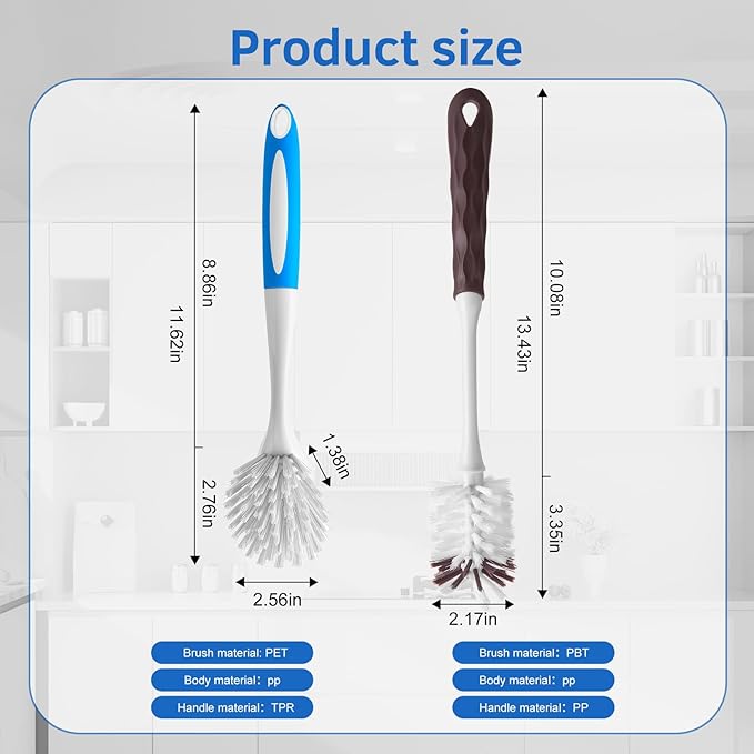 Long Handle Kitchen Cleaning Brush Set of 2, Long Handle Tableware Brush for Dishes, Sinks, pots, Pans, Long Handle Bottle Brush for Water Bottles, Glassware - Image 2