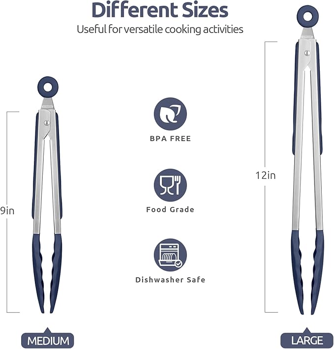 600ºF Heat Resistant Kitchen Tongs: U-Taste 9+12 inch Silicone Cooking Tong Set with Firm Sealed Non Stick Rubber Tips and Silicon Coated 18/8 Stainless Steel Handle for Serving Grilling-Midnight Blue - Image 2