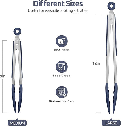 600ºF Heat Resistant Kitchen Tongs: U-Taste 9+12 inch Silicone Cooking Tong Set with Firm Sealed Non Stick Rubber Tips and Silicon Coated 18/8 Stainless Steel Handle for Serving Grilling-Midnight Blue - Image 2