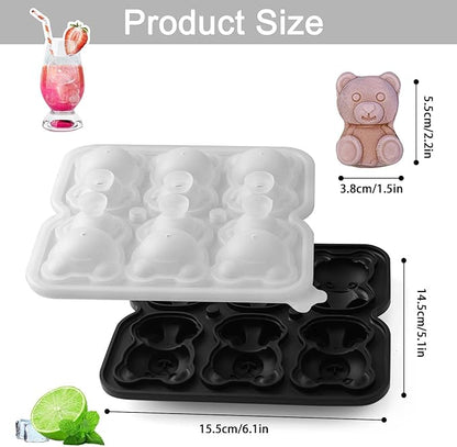 3D Bear Ice Cube Mold, Large Ice Cube Tray with Lid for Cocktail Whiskey Bourbon, Teddy Bear Ice Cube Trays for Freezer Fun Shape, Big Ice Molds Cute Candies Chocolate Mold, Black