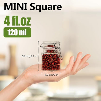 R DRURLCD 20 Pack Small 4 oz Glass Spice Jars with Airtight Hinged Lids, Square Spice Containers with Labels, Spoons& Funnels, BPA-free, Spice Herbs Condiment Storage for Kitchen,Wedding