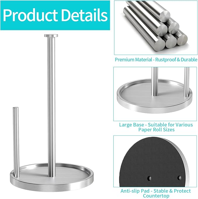Paper Towel Holder Countertop, Standing Paper Roll Holder with Anti Slip Weighted Base, Stainless Steel Freestanding Paper Towel Holder for Kitchen, Silver - Image 4