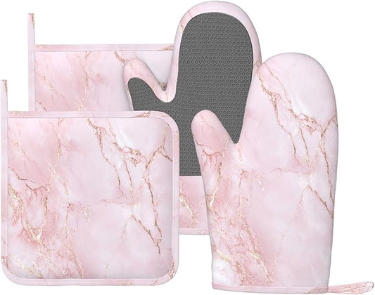Oven Mitts and Pot Holders Light Pink Marble Art Silicone Kitchen Accessories Set of 4 Heat Resistant Long Gloves Potholder Non-Slip Grip for Chef Cooking Baking Grilling BBQ