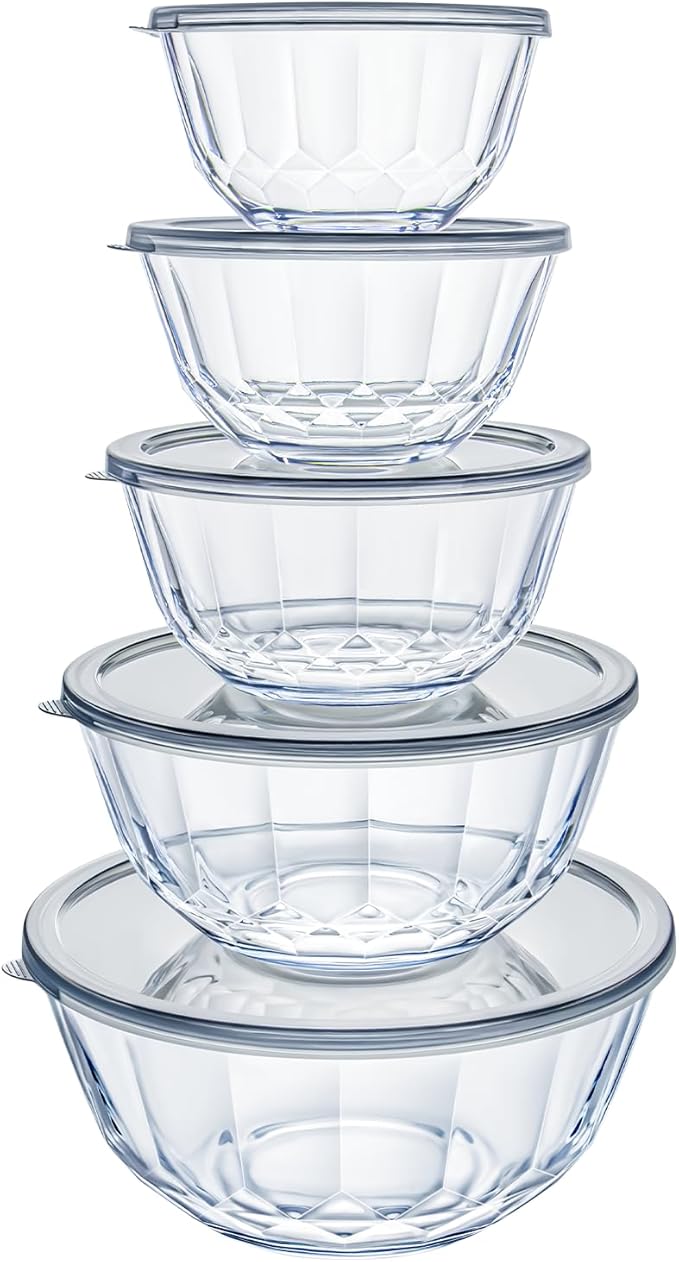 Luvan 5-Piece Glass Mixing Bowls Set with Lids - Clear Salad Bowls with Lids Set, Diamond Pattern Large Glass Mixing Bowl for Baking Prep, Serving & Storage - Image 2