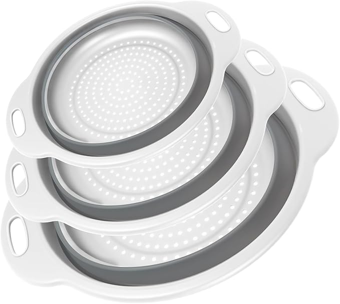 Collapsible Colander 3-Pack Set Space-Saving Foldable Kitchen Strainer with Non-Slip Base Durable Thickened PP+TPE Collapsible Strainers for Pasta, Vegetables, Fruits (Gray-White) by CLUREN