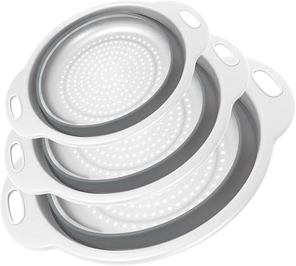 Collapsible Colander 3-Pack Set Space-Saving Foldable Kitchen Strainer with Non-Slip Base Durable Thickened PP+TPE Collapsible Strainers for Pasta, Vegetables, Fruits (Gray-White) by CLUREN