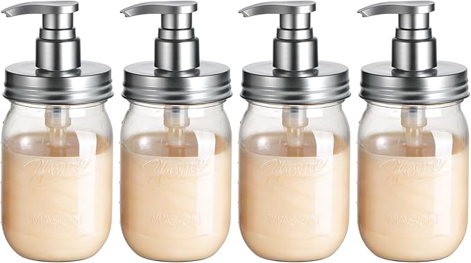 Amolliar Plastic Mason Jar Soap Dispenser with Pump Lid,16OZ Refillable BPA-Free Hand Soap Dispenser Set with Cute Lables, Farmhouse Decor for Kitchen Bathroom, Liquid Soap, Dish Soap (4 Pack, Silver) by Amolliar