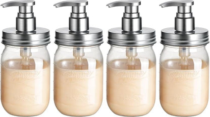 Amolliar Plastic Mason Jar Soap Dispenser with Pump Lid,16OZ Refillable BPA-Free Hand Soap Dispenser Set with Cute Lables, Farmhouse Decor for Kitchen Bathroom, Liquid Soap, Dish Soap (4 Pack, Silver) by Amolliar