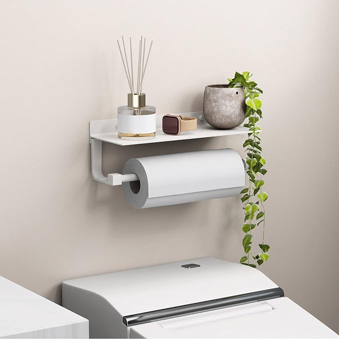 Danpoo White Paper Towel Holder with Shelf Wall Mount, Adhesive Hand Towel Holder for Bathroom, Kitchen Towel Holder - Image 5