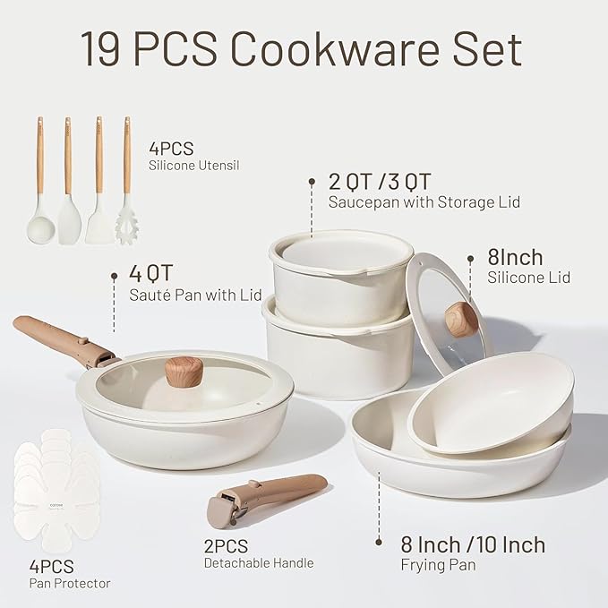 CAROTE 19pcs Pots and Pans Non Stick, Cookware Sets Detachable Handle, Induction Kitchen Pots and Pans,NonStick Cooking Set, Oven/Dishwasher/Fridge Safe, Space Saving - Image 2