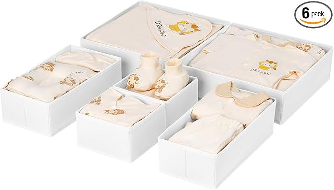 DIMJ Drawer Organizer Clothes, 6 Pack Fabric Drawer Organizer Bins, Foldable Baby Clothes Organizer & Dresser Organizer For Nursery, Clothes, Bedroom, Closet, Socks, Bra, Tie,White by DiMJ