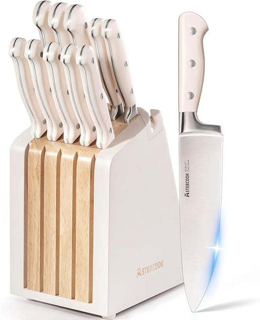 Astercook Knife Set, Kitchen Knife Set with Block and Sharpener, 12 Pcs Ultra-Sharp High Carbon Stainless Steel Knife Block Set with Non-Slip Full Tang Ergonomic Handle, Cream White Mothers Day Gifts