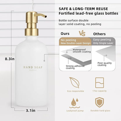 Soap Dispenser Bathroom - Dish and Hand Soap Dispenser Set, Glass Soap Lotion Dispenser with Pump for Kitchen with Tray, Waterproof Labels, 2 Lotion White Bottle/Gold Pump N