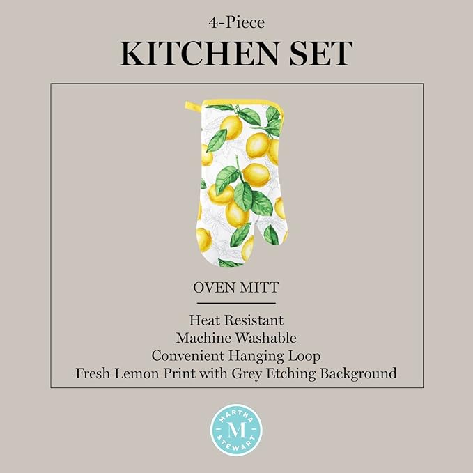 Martha Stewart Lots of Lemons Modern Kitchen Towel, Oven Mitt & Potholder Set, 4-Pack, White-Yellow - Image 7