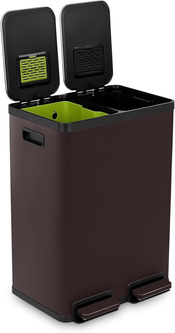 Simpli-Magic 60 Liter / 16 Gallon Rectangular Hands-Free Dual Compartment Recycling Kitchen Step Trash Can with Soft-Close Single Lid, Stainless Steel (30L x 30L Capacity) Brown by Simpli-Magic
