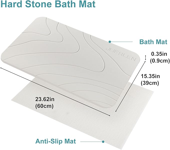 JUERLEN 2 Pack Diatomaceous Earth Shower Mat, Stone Bath Mat, Nonslip Super Absorbent Fast-Drying Hard Bath Mat for Bathroom Shower Floor, 24 x 16 inch, Pallid Wave Design