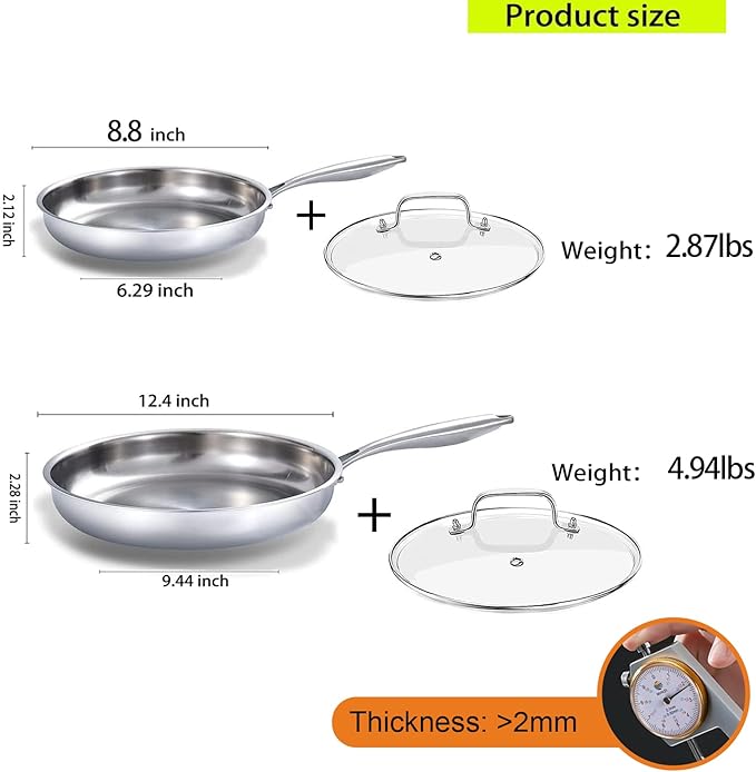 DELARLO Tri-ply Stainless Steel Frying Pan Set with Lid 8" 12" Induction large Skillets Chef's Pan,Pots and Pans Set Kitchen Cookware Set Suitable for All Stove - Image 3