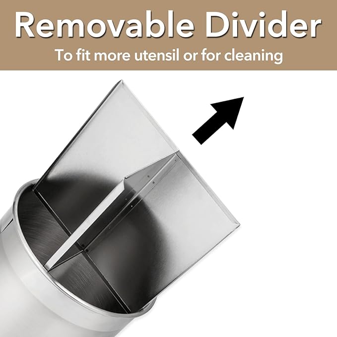 Hillbond 7.5x6.9 Inch EXTRA LARGE Utensil Holder for Countertop, Stainless Steel Rotating Organizer with Removable Divider, Space-Saving for Large Kitchen Utensils Set & Spacious Kitchens - Image 7