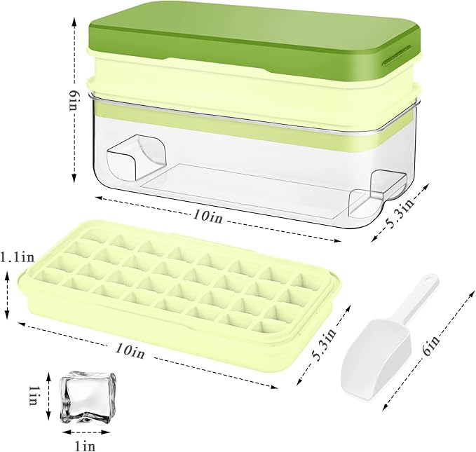 Ice Cube Tray with Lid and Bin, 64 pcs Ice Tray Kit with Ice Scoop, Ice Cube Pop Out Tray, Ice Cube Trays for Freezer, Ice Cube Molds, BPA Free, Easy Release Stackble Spill-Resistant ZZWILLB (Green)