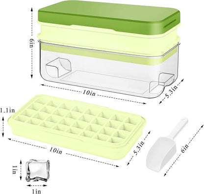 Ice Cube Tray with Lid and Bin, 64 pcs Ice Tray Kit with Ice Scoop, Ice Cube Pop Out Tray, Ice Cube Trays for Freezer, Ice Cube Molds, BPA Free, Easy Release Stackble Spill-Resistant ZZWILLB (Green)