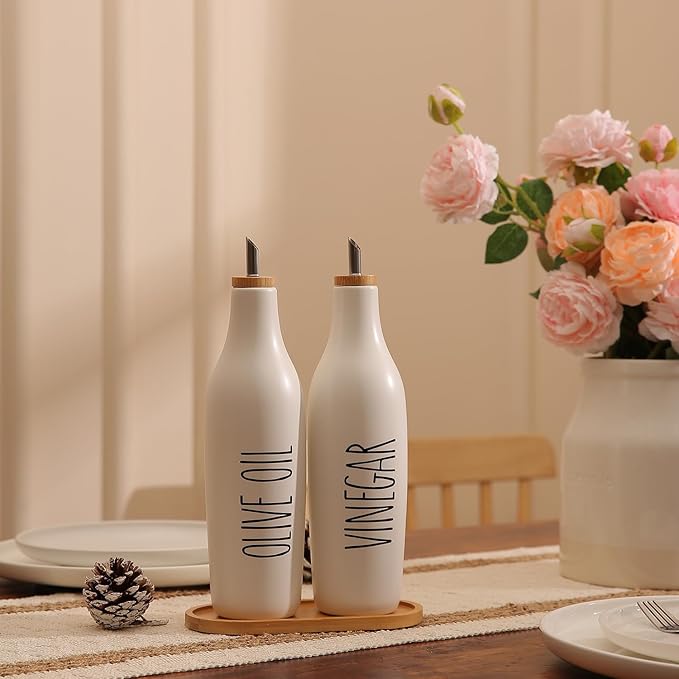 HOMCDALY Olive Oil and Vinegar Dispenser Set, 16oz Ceramic Oil Dispenser for Kitchen, Kitchen Dispenser Bottle for EVOO Vinegar Syrups, Modern Farmhouse Design | Set of 2 – P-White - Image 7