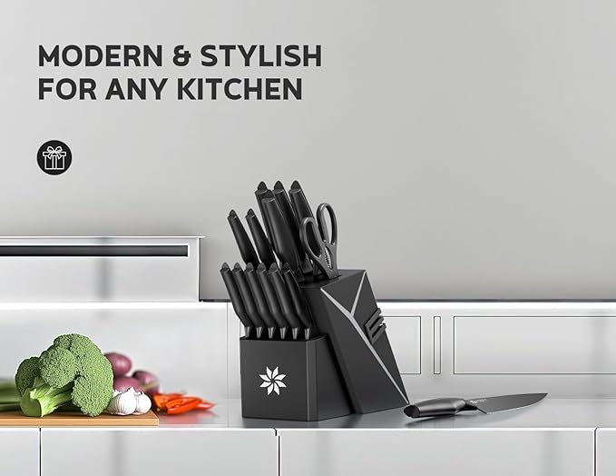 Kitchen Knife Sets with Block -15 PCS Knife Set with Bulti-in Sharpener, Dishwasher Safe, Stainless Steel Kitchen Knife with Ergonomic Handles, Sharp knives for Men and Women,Mothers Day, Black - Image 5