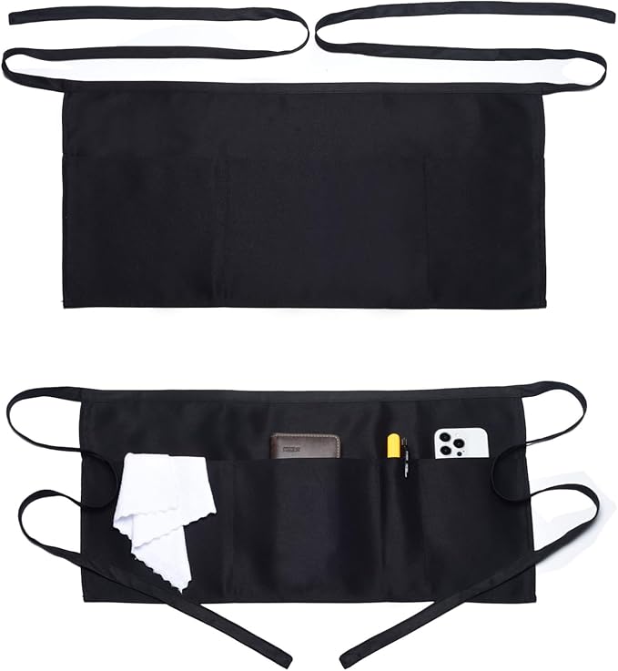 Argstar 2 Pack Server Apron with 4 Pockets, Waitress Waiter Waist WaterDrop Resistant Short Aprons