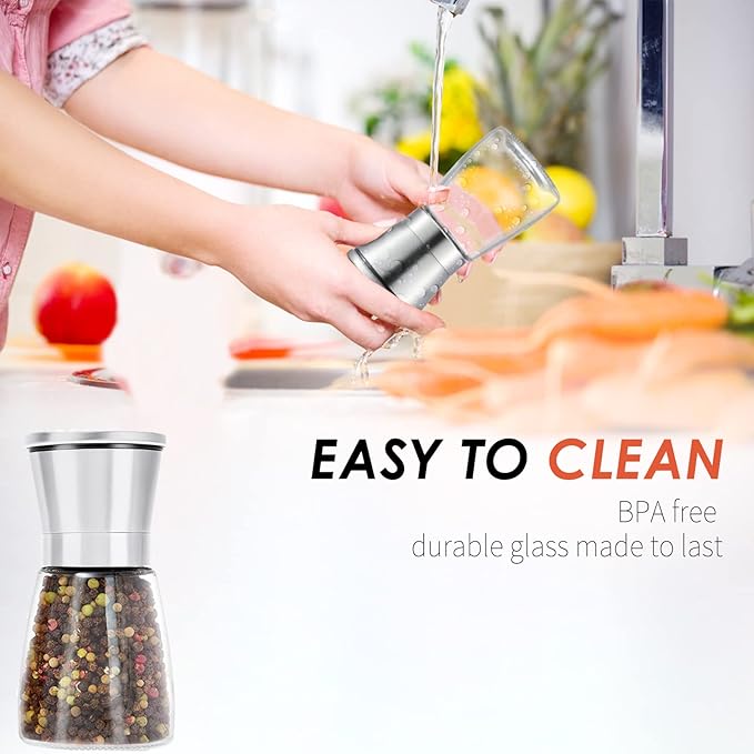 Ebaco Professional Pepper Grinder - with Germany Hardened Carbon Steel Mechanism Rotor, Refillable Pepper Mill 6OZ Glass Adjust Coarseness (1PCS-Sliver-304） - Image 6
