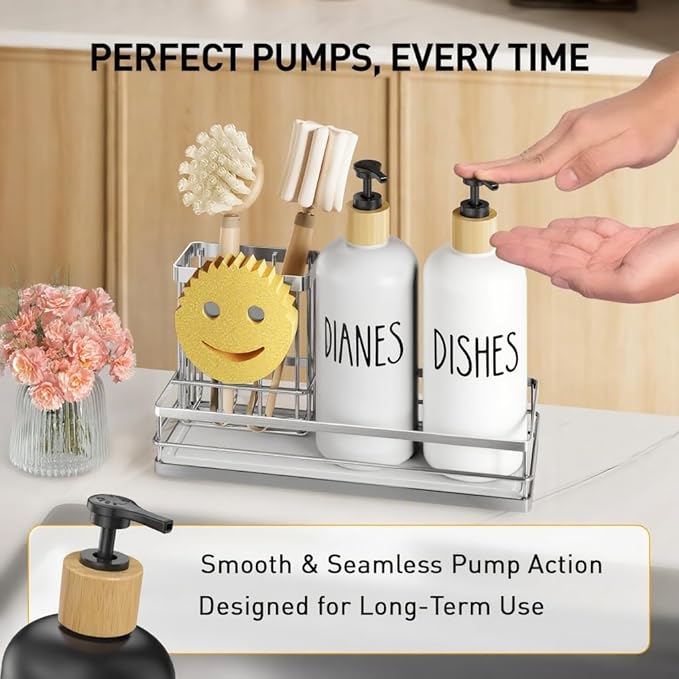 Moforoco Kitchen Dish Soap Dispenser Set, 16OZ Glass Bottle, Hand and Dish Soap Dispenser Set, Instant Dry Tray, Brush Holder with Smiley Face Sponge Holder (Silver Tray+White Bottle) - Image 6