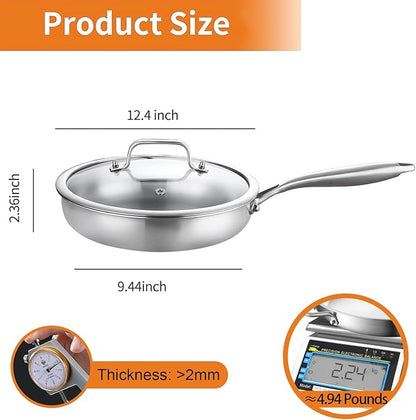 DELARLO Tri-Ply Stainless Steel Pan, 18/10 Frying Pan, Oven Safe Up to 600°F, Nontoxic Cookware, Compatible with All Cooktops Skillet, Durable, Fast Even Heat Fry Pan,12 inch Pan with Glass Lids - Image 6