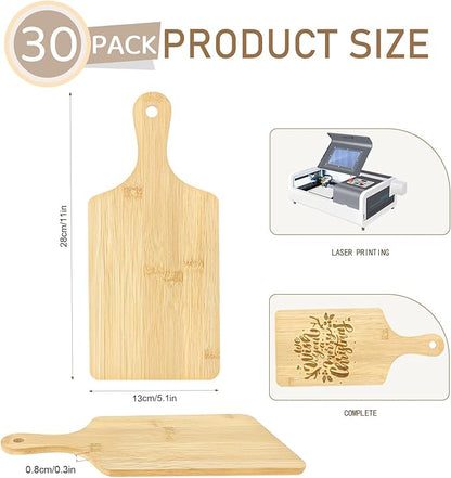 30 Pcs Cutting Boards with Handle 11" x 5" Wood Chopping Board Bulk Charcuterie Wooden Boards Laser Engraving Serving Tray Bulk for DIY Christmas Wedding Housewarming Gift Cooking Decor (Bamboo)