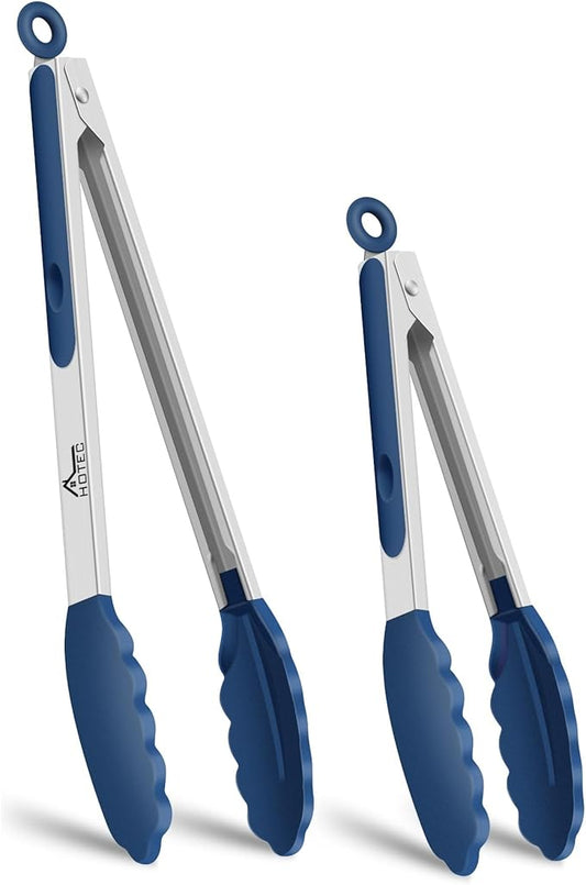 HOTEC Premium 7 & 9 Inch Kitchen Tongs, Stainless Steel Locking Cooking Tongs with Silicone Tips, Non-Scratch & Heat Resistant, Serving Tongs for Salad, BBQ, Classic Blue, Set of 2 by Hotec