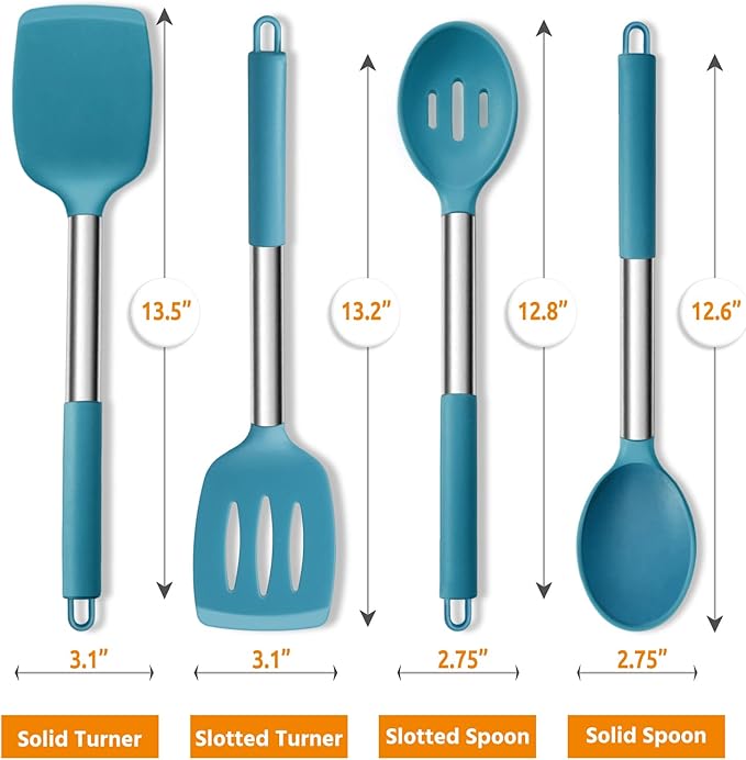 Cooking Utensils Set of 4, E-far Silicone Kitchen Utensils for Non-stick Cookware, Heat Resistant & Non-toxic Slotted Spatula Solid Spoon Turner for Flipping Mixing Serving Basting(Teal Blue) - Image 2