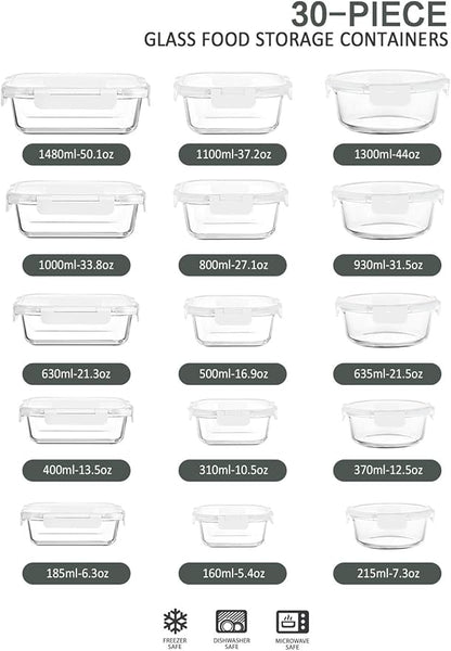 30 Pieces Glass Food Storage Containers with Upgraded Snap Locking Lids,Glass Meal Prep Containers Set - Airtight Lunch Containers, Microwave, Oven, Freezer and Dishwasher Friendly (White) - Image 2