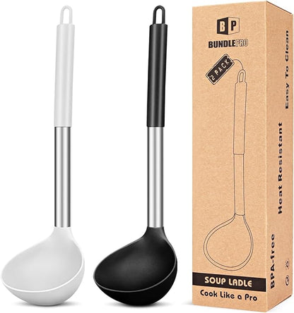 Pack of 2 Ladle Spoon,Silicone Large Spoon for Soup,Non Stick Kitchen Utensils with High Heat Resistant,BPA Free Perfect Kitchen Tools for Cooking, Stirring,Serving Soups (BLACK-WHITE) by BUNDLEPRO