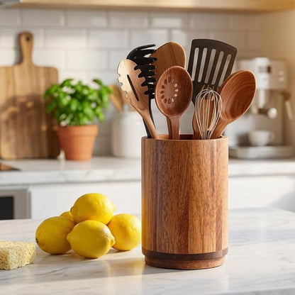Utensil Holder, Acacia Wood Kitchen Utensil Holder for Countertop, 360°Rotating Cooking Utensil Crock for Kitchen Counter, 7.2" Large Utensil Organizer for Spatula - Image 7