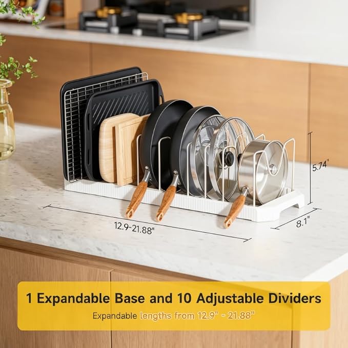 MUDEELA Pots and Pans Organizer under Cabinet, Pot Rack with Expandable Pot Lid Organizers Holder for 10 Adjustable Dividers, Pan Organizers inside Cabinet for Pan Lids, Cutting Boards, Baking Sheets - Image 4