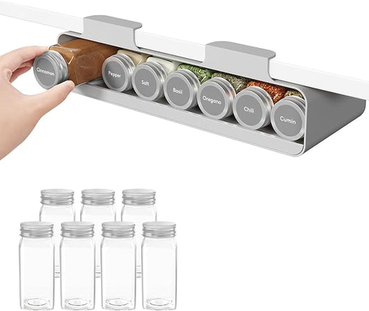 Lifewit Under Cabinet Spice Rack Organizer with 7 Jars, Lables, Under Shelf, Easy Refilling with Silicone Funnel,Seasoning Organizer for Kitchen Storage Solution, Gray