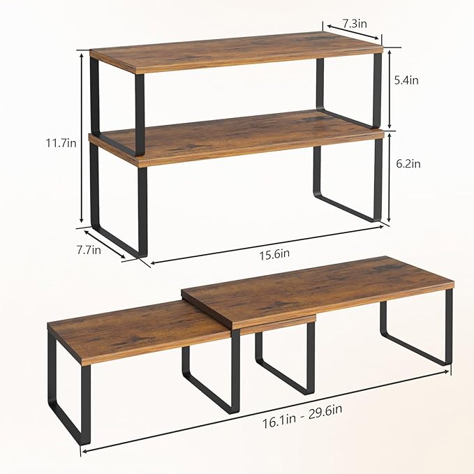 NEX Kitchen Cabinet and Counter Shelf Organizer, Stackable & Expandable, Set of 4, Black and Rustic Brown - 7.7 x 15.6 x 6.2'' - Image 3