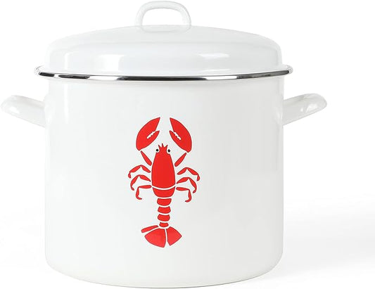 Martha Stewart 16-Quart Enamel on Steel Scratch-Resistant Lobster Stock Pot – Linen – Durable Large Capacity Pot for Boiling, Steaming & Seafood Cooking